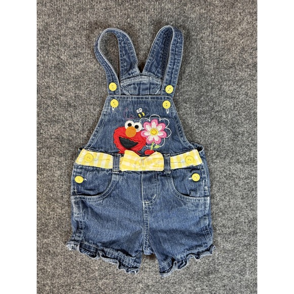 Vintage Sesame Street Overalls Girls 18M Blue Denim Elmo Embroidered Shortalls - Picture 1 of 8